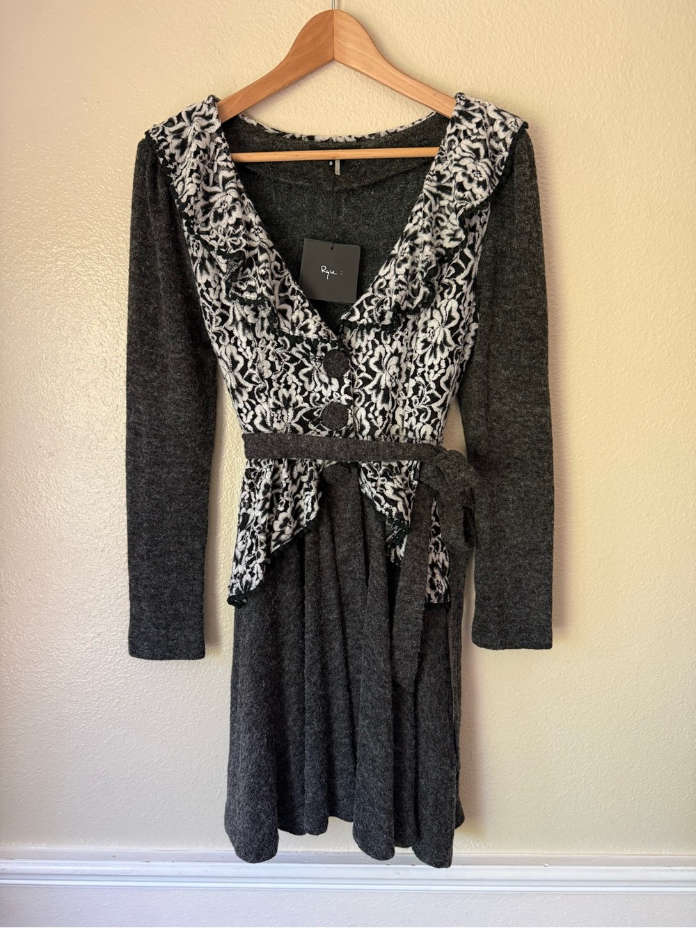 Ryu Charcoal Gray Knit Long-Sleeve Dress with Black & White Floral Trim
